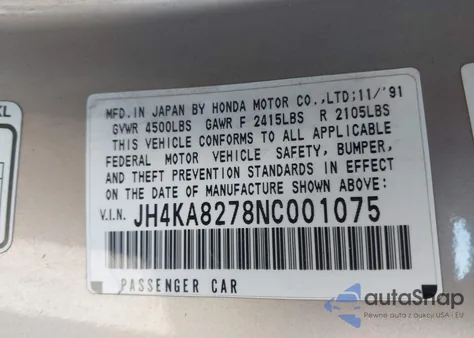 1992 Acura Legend Ls from USA, damaged, VIN JH4KA8278NC001075